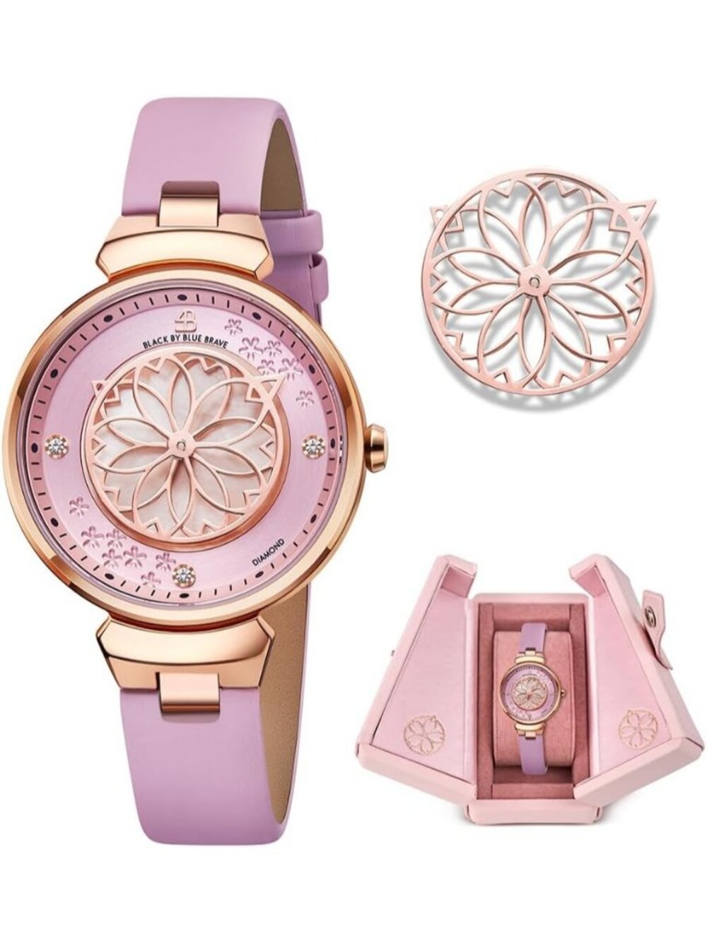 Women's Pink Cherry Blossom Case Natural Diamonds Elegant Stylish Wrist Watches